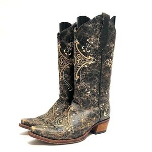 Vintage Y2K women’s dark brown square toe mid calf embroidered cowboy boots